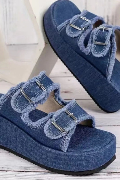 Cowboy cloth leather with buckle one foot flip flops women's outdoor thick soled slippers